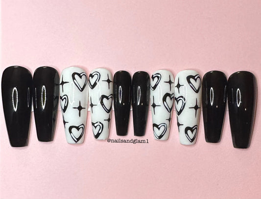 Black Heart Nails | Press On Nails | Stick on Nails | Handmade | Reusable | Set of 10