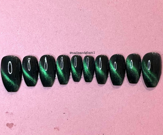 Green Cat Eye Nails | Press on Nails UK | Stick on Nails | Reusable | Customised | Handmade | Set of 10