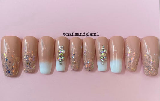 Nude & Glitter Ombre Nails | Press on Nails UK | Stick on Nails | Reusable | Customised | Handmade | Set of 10