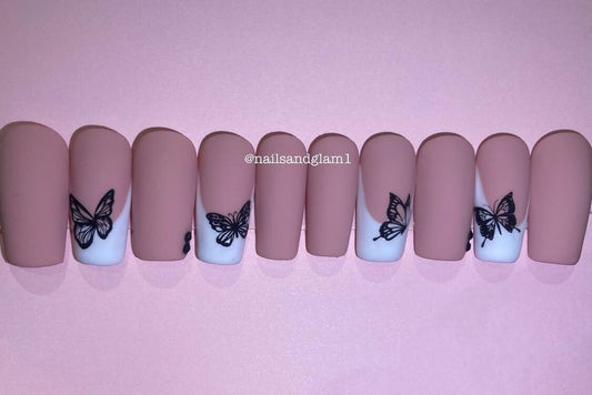 Matte French Tips with Butterflies | Press on Nails UK | Stick on Nails | Reusable | Customised | Handmade | Set of 10