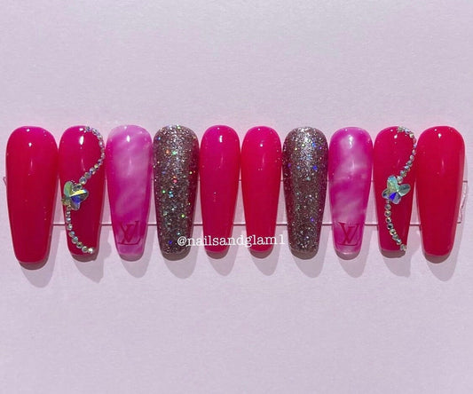 Neon Pink with Glitter & Marble | Press on Nails UK | Stick on Nails | Reusable | Customised | Handmade | Set of 10