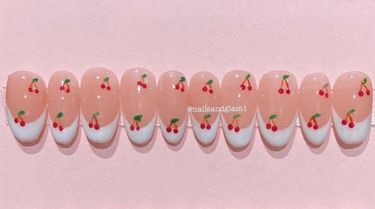 Cherry French Tips | Press on Nails UK | Stick on Nails | Reusable | Customised | Handmade | Set of 10