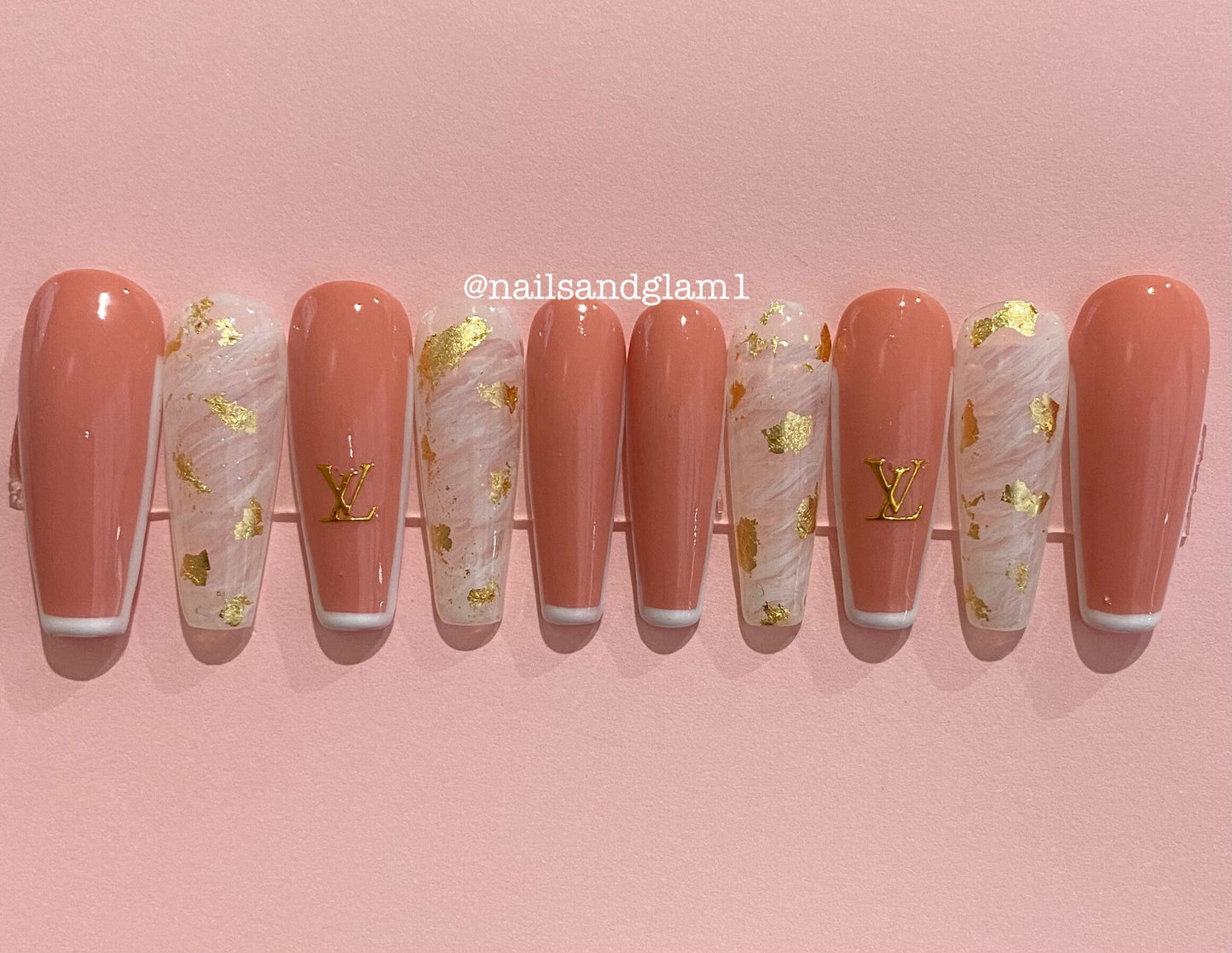 Nude French Tip with Marble | Press on Nails UK | Stick on Nails | Reusable | Customised | Handmade | Set of 10