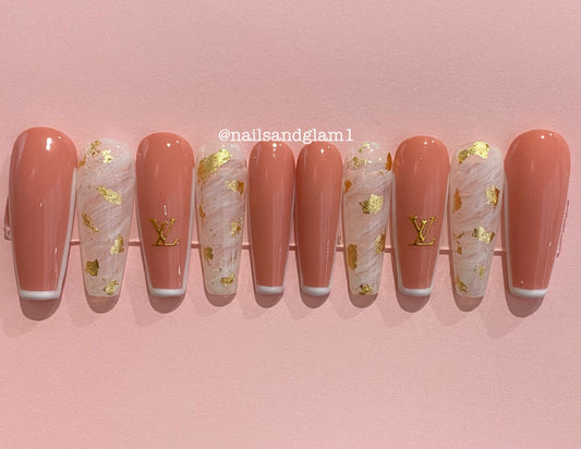 Nude French Tip with Marble | Press on Nails UK | Stick on Nails | Reusable | Customised | Handmade | Set of 10