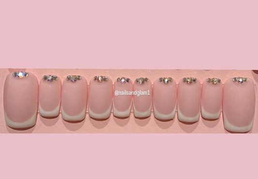 White French Tips with Rhinestones | Press on Nails UK | Stick on Nails | Reusable | Customised | Handmade | Set of 10