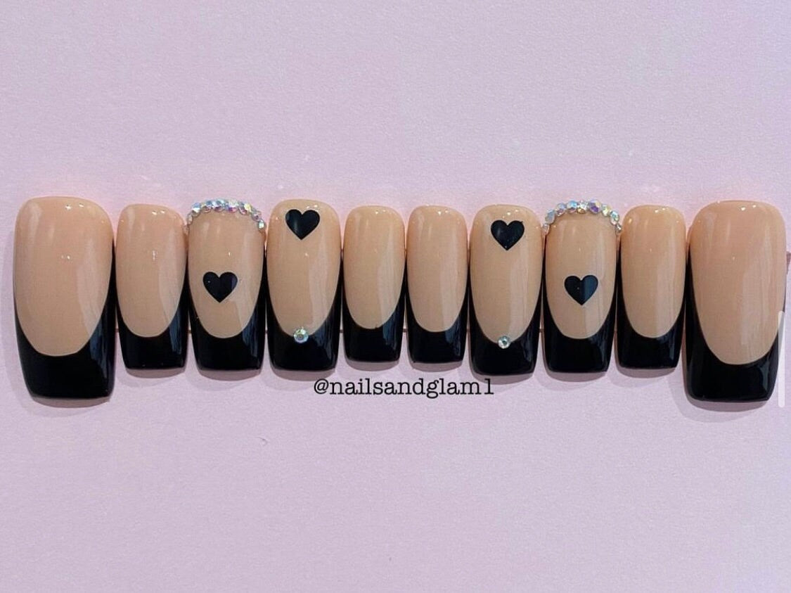 Black French Tips With Hearts & Rhinestones | Press on Nails UK | Stick on Nails | Reusable | Customised | Handmade | Set of 10