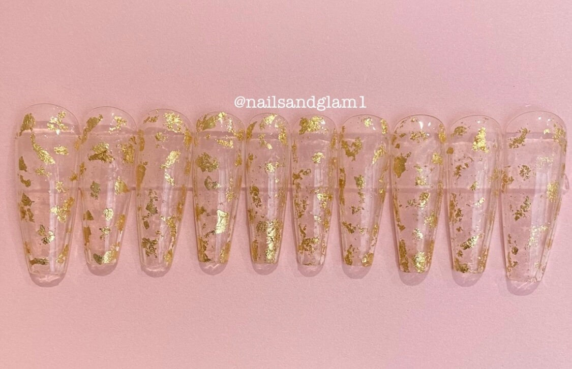 Gold Flake Nails | Press on Nails UK | Stick on Nails | Reusable | Customised | Handmade | Set of 10