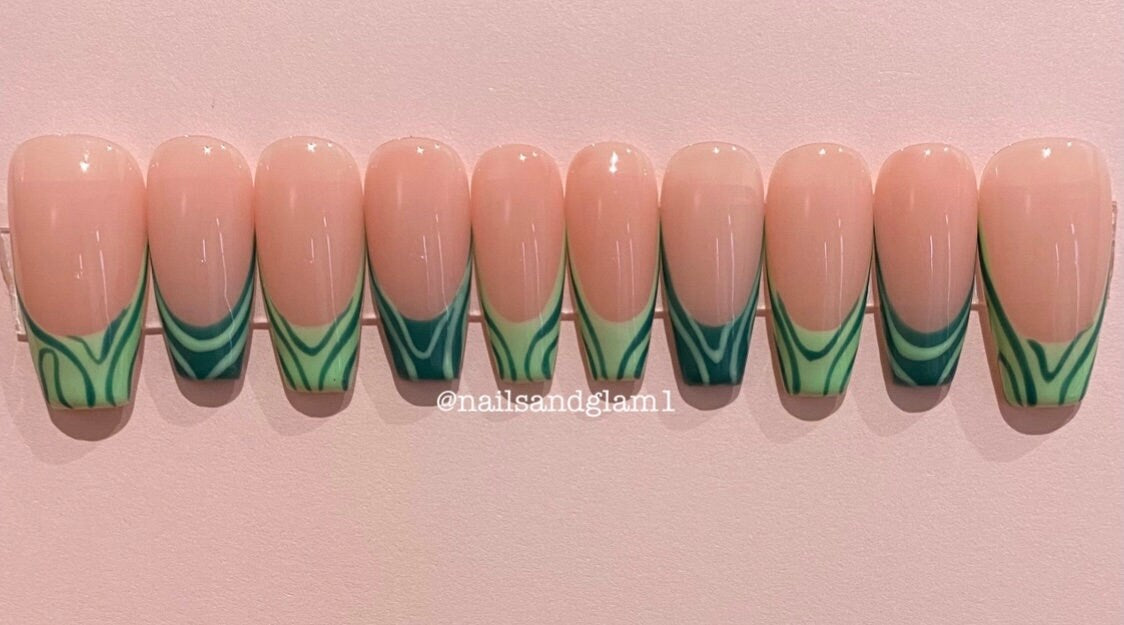 Green Zebra French Tips | Press on Nails UK | Stick on Nails | Reusable | Customised | Handmade | Set of 10