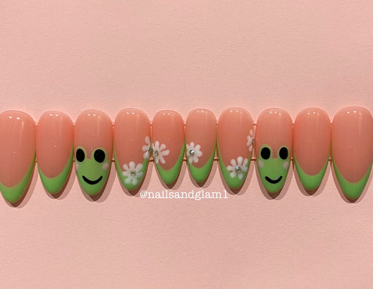 Green French Tips with Flowers & Frogs | Press on Nails UK | Stick on Nails | Reusable | Customised | Handmade | Set of 10