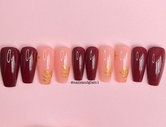 Maroon with Gold Leaves | Press on Nails UK | Stick on Nails | Reusable | Customised | Handmade | Set of 10