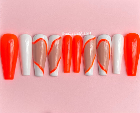 Neon Orange with White Swirls | Press on Nails UK | Stick on Nails | Reusable | Customised | Handmade | Set of 10