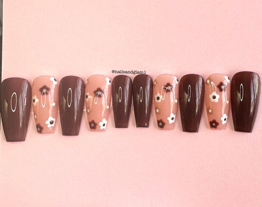 Brown Flower Nails | Press on Nails UK | Stick on Nails | Reusable | Customised | Handmade | Set of 10