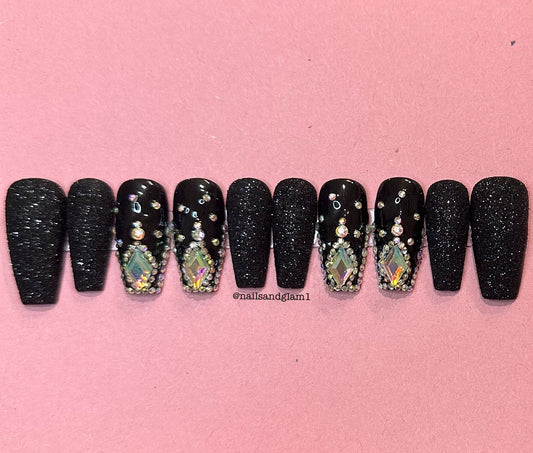 Black Glitter Nails with Rhinestones | Press on Nails UK | Stick on Nails | Reusable | Customised | Handmade | Set of 10