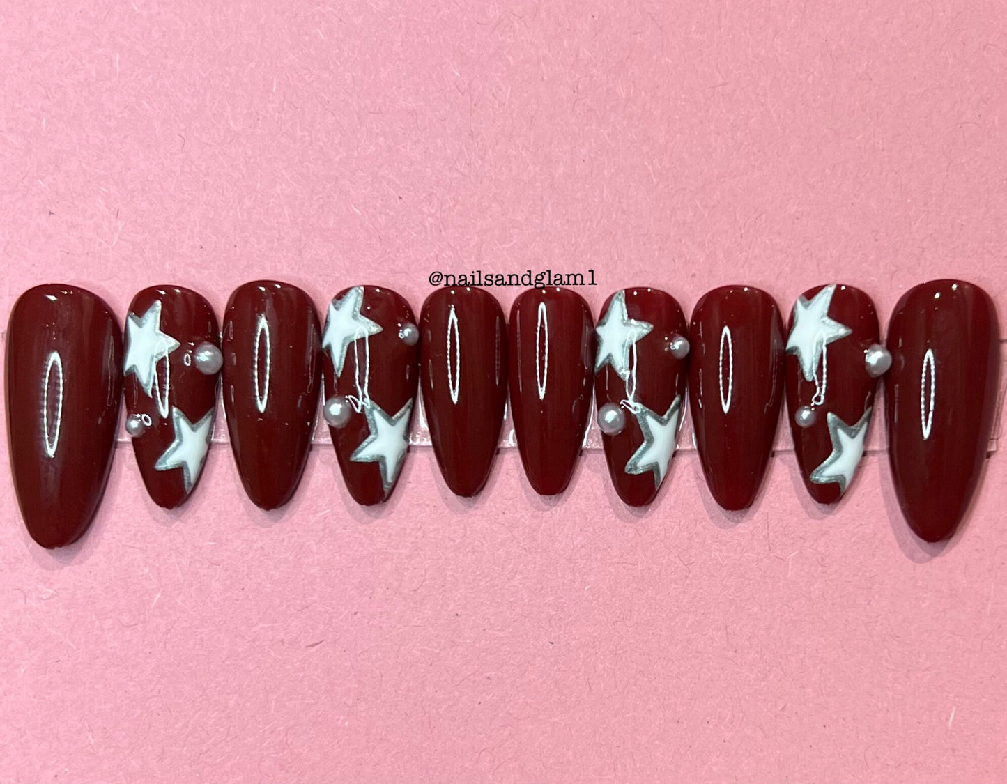 Maroon Nails with Pearls & White and Silver Stars | Press on Nails UK | Stick on Nails | Reusable | Customised | Handmade | Set of 10