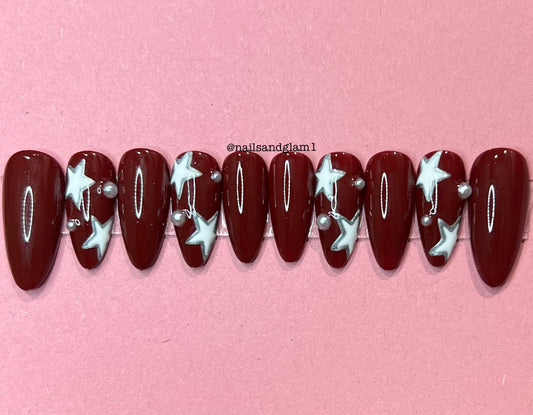 Maroon Nails with Pearls & White and Silver Stars | Press on Nails UK | Stick on Nails | Reusable | Customised | Handmade | Set of 10