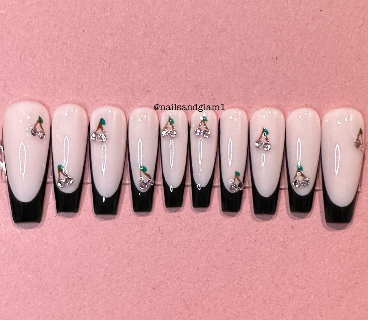 Black French Tips with Pink Cherry Rhinestones | Press on Nails UK | Stick on Nails | Reusable | Customised | Handmade | Set of 10