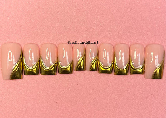 Gold Chrome Swirls with 3D Lines | Press on Nails UK | Stick on Nails | Reusable | Customised | Handmade | Set of 10