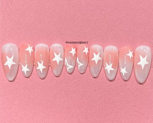 Milky White with Pink Aura & White Stars | Press on Nails UK | Stick on Nails | Reusable | Customised | Handmade | Set of 10