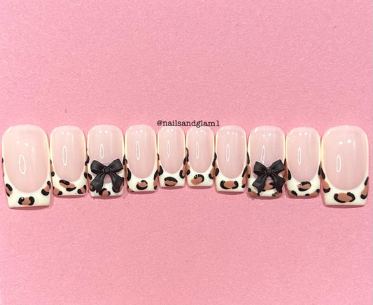 Leopard Print French Tips with Black Bows | Press on Nails UK | Stick on Nails | Reusable | Customised | Handmade | Set of 10