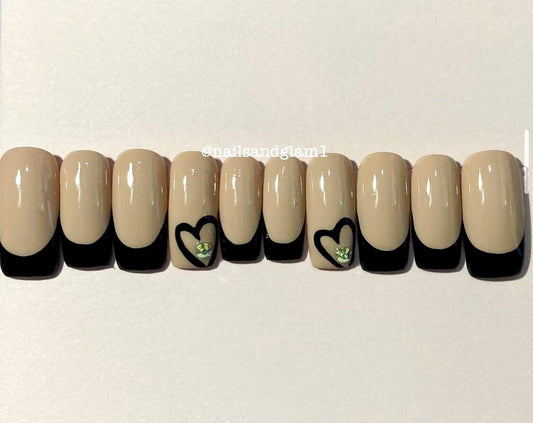 Black French Tips with Hearts | Press on Nails UK | Stick on Nails | Reusable | Customised | Handmade | Set of 10