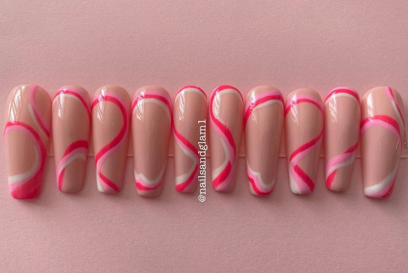 Pink Swirl Abstract | Press on Nails UK | Stick on Nails | Reusable | Customised | Handmade | Set of 10