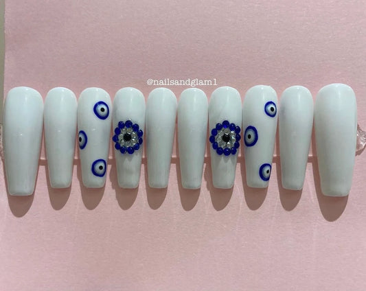 White Evil Eye Design Nails | Press on Nails UK | Stick on Nails | Reusable | Customised | Handmade | Set of 10