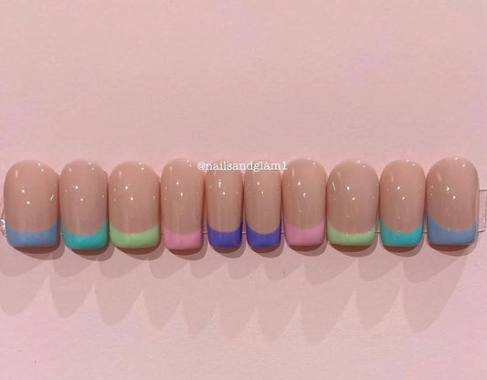 Pastel French Tips | Press on Nails UK | Stick on Nails | Reusable | Customised | Handmade | Set of 10