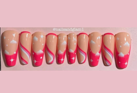 Pink French Tips with Swirls | Press on Nails UK | Stick on Nails | Reusable | Customised | Handmade | Set of 10