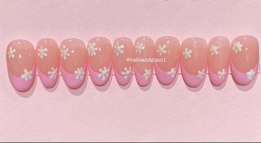 Pink French Tips with Flowers | Press on Nails UK | Stick on Nails | Reusable | Customised | Handmade | Set of 10