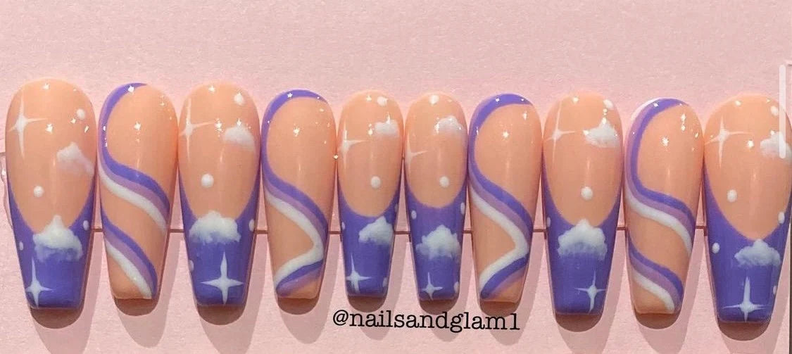 Purple French Tips with Swirls | Press on Nails UK | Stick on Nails | Reusable | Customised | Handmade | Set of 10