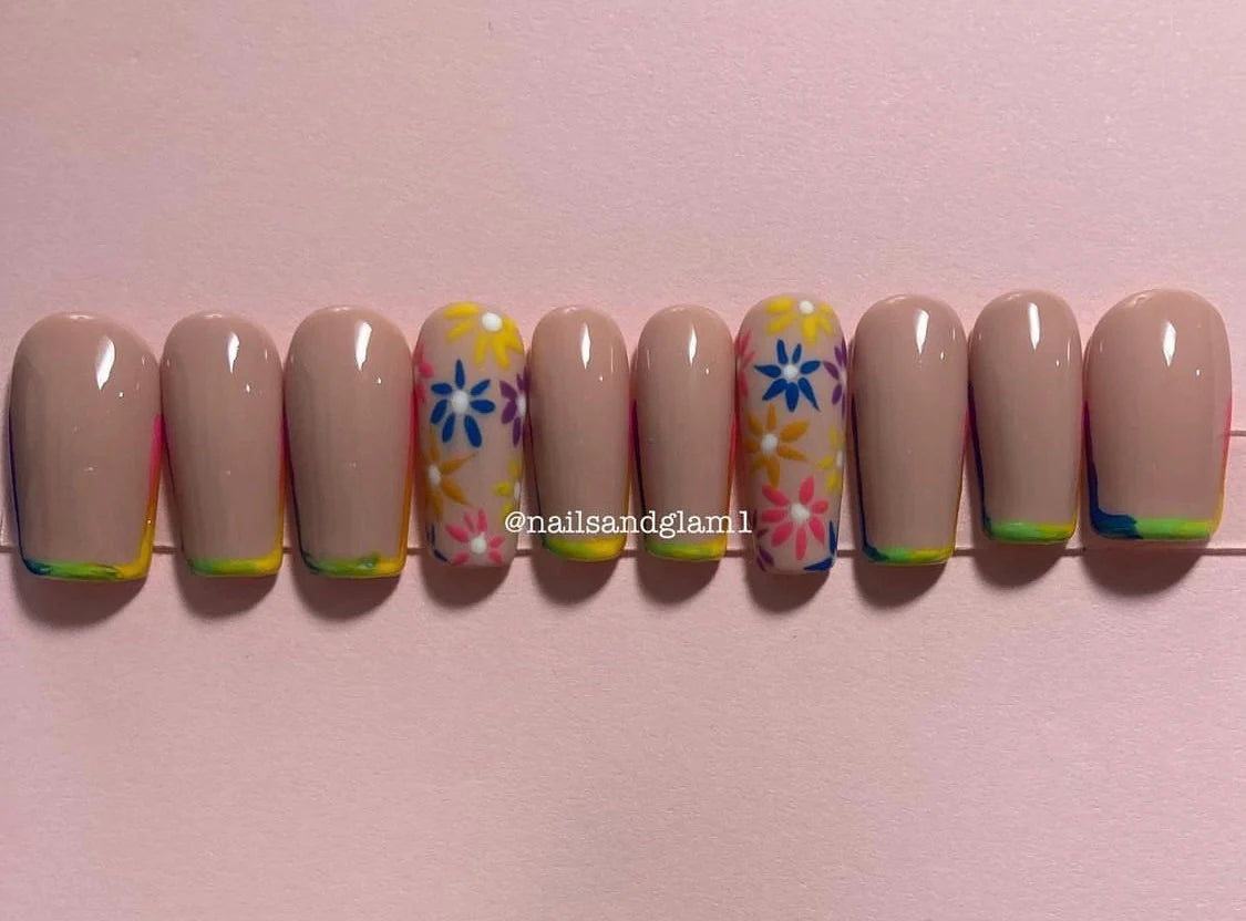 Ombre French Tips with Flowers | Press on Nails UK | Stick on Nails | Reusable | Customised | Handmade | Set of 10