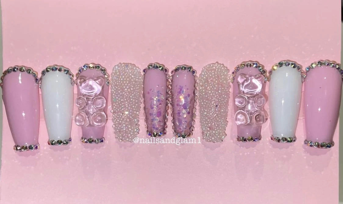 Pink & Glitter Gummy Bear Nails | Press on Nails UK | Stick on Nails | Reusable | Customised | Handmade | Set of 10