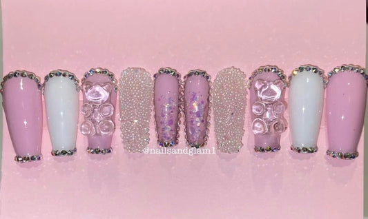 Pink & Glitter Gummy Bear Nails | Press on Nails UK | Stick on Nails | Reusable | Customised | Handmade | Set of 10