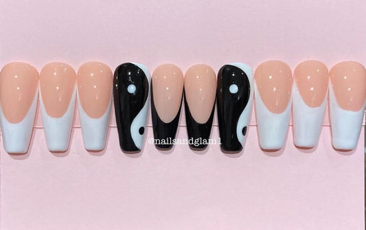 Black & White Yin Yang French Tips | Press on Nails UK | Stick on Nails | Reusable | Customised | Handmade | Set of 10