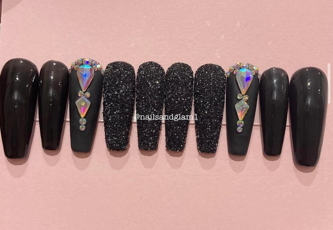 Black with Rhinestones & Glitter | Press on Nails UK | Stick on Nails | Reusable | Customised | Handmade | Set of 10