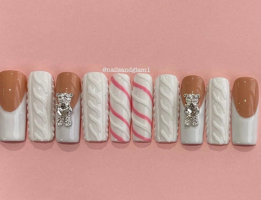 Sweater Nails with French Tips | Press on Nails UK | Stick on Nails | Reusable | Customised | Handmade | Set of 10