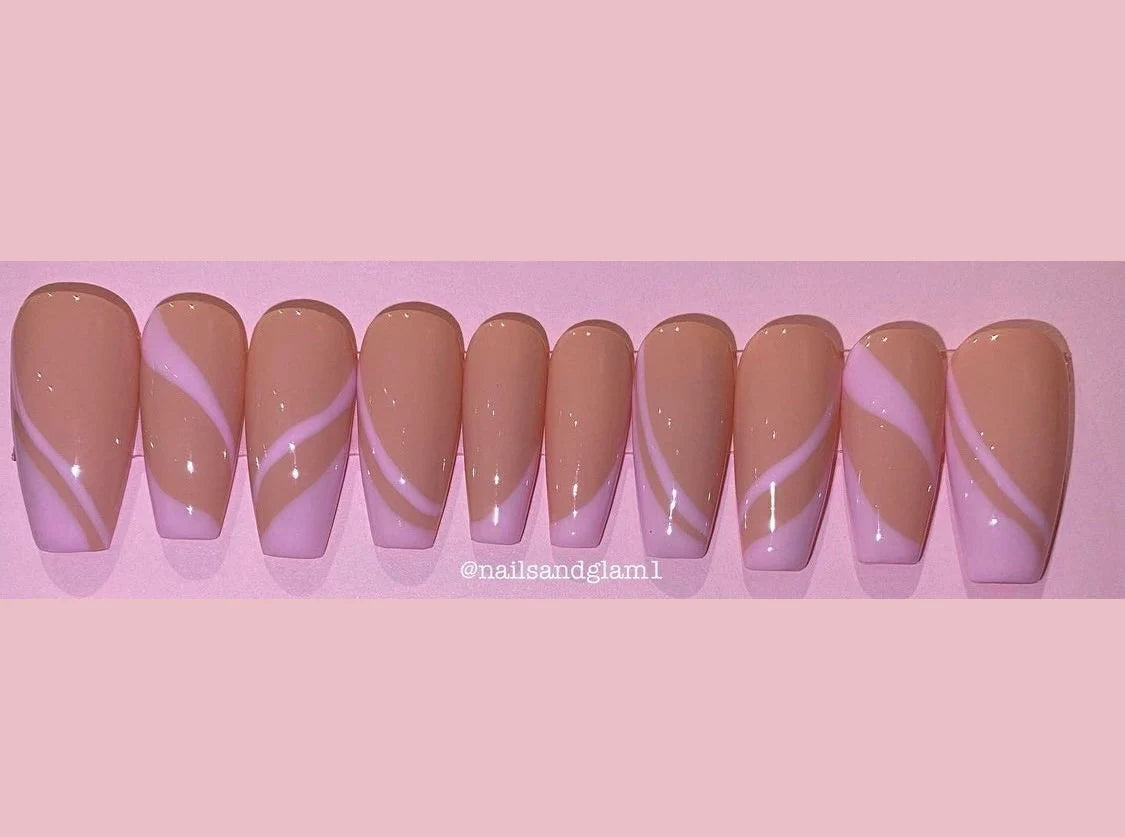 Nude with Pink Swirls | Press on Nails UK | Stick on Nails | Reusable | Customised | Handmade | Set of 10