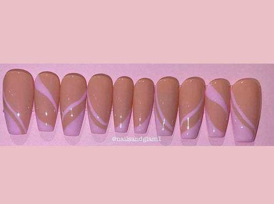 Nude with Pink Swirls | Press on Nails UK | Stick on Nails | Reusable | Customised | Handmade | Set of 10