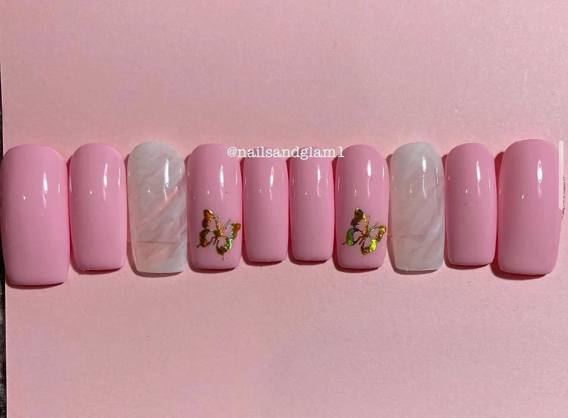 Pink & White Marble with Gold Butterflies Nails | Press on Nails UK | Stick on Nails | Reusable | Customised | Handmade | Set of 10