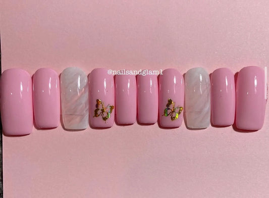 Pink & White Marble with Gold Butterflies Nails | Press on Nails UK | Stick on Nails | Reusable | Customised | Handmade | Set of 10