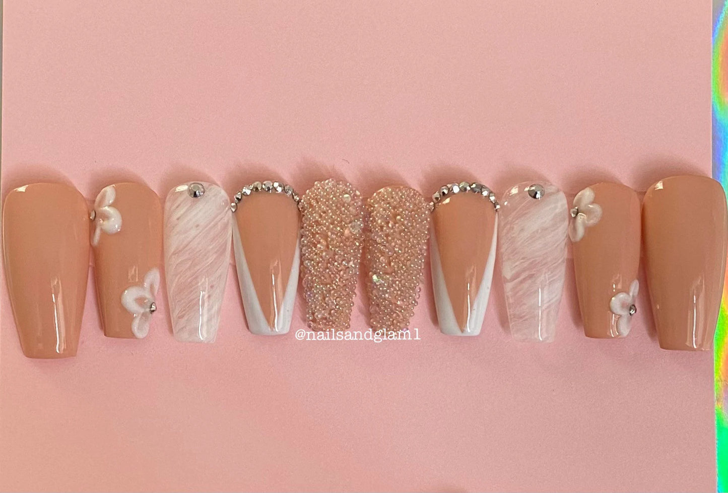 Nude with Marble & 3D Flowers | Press on Nails UK | Stick on Nails | Reusable | Customised | Handmade | Set of 10