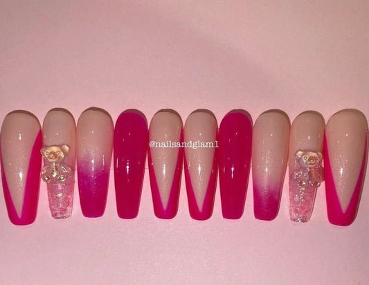 Pink V-Tips with Ombre, Glitter & Bear Charms | Press on Nails UK | Stick on Nails | Reusable | Customised | Handmade | Set of 10