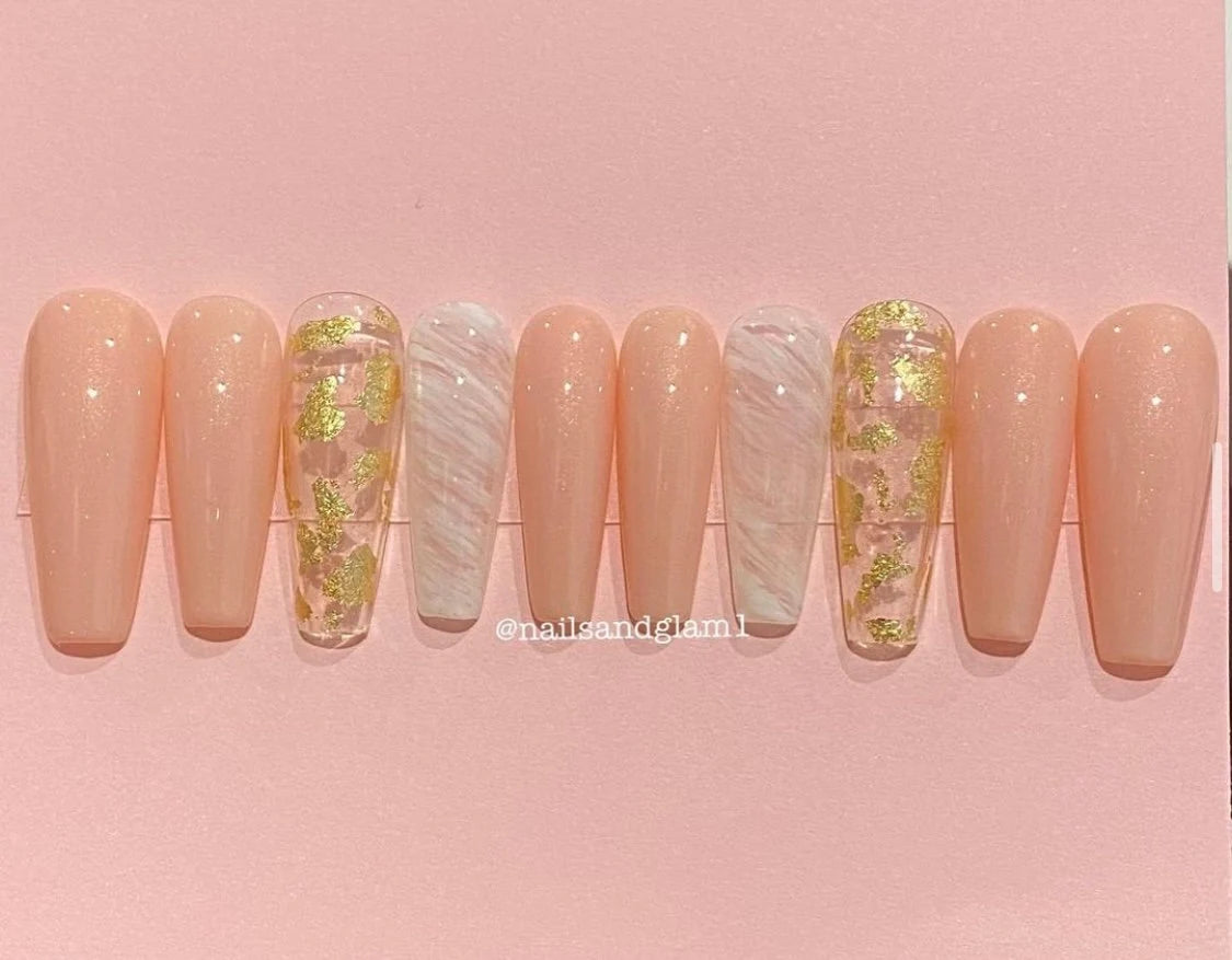 Nude with Marble & Flakes | Press on Nails UK | Stick on Nails | Reusable | Customised | Handmade | Set of 10