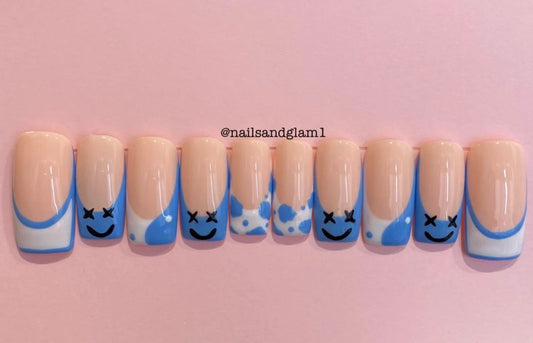 Blue Freestyle French Tips | Press on Nails UK | Stick on Nails | Reusable | Customised | Handmade | Set of 10