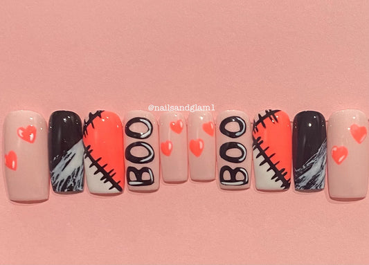 Pink & Black Halloween Nails | Press on Nails UK | Stick on Nails | Reusable | Customised | Handmade | Set of 10