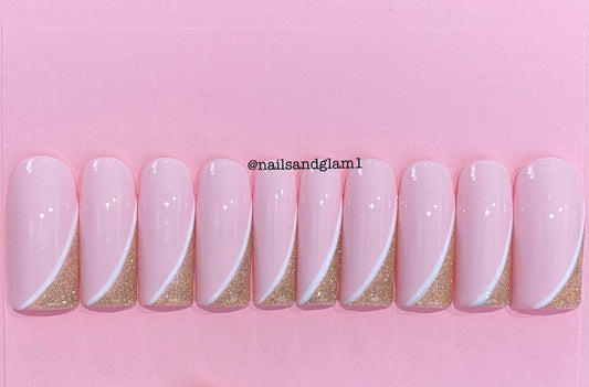 White & Reflective Gold Glitter Side Tips | Press on Nails UK | Stick on Nails | Reusable | Customised | Handmade | Set of 10