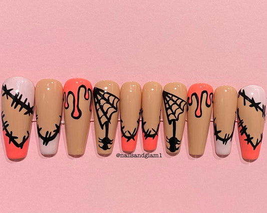 Pink & Black Halloween Nails | Press on Nails UK | Stick on Nails | Reusable | Customised | Handmade | Set of 10