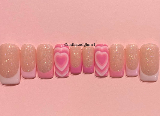 Pink French Tips with Hearts | Press on Nails UK | Stick on Nails | Reusable | Customised | Handmade | Set of 10