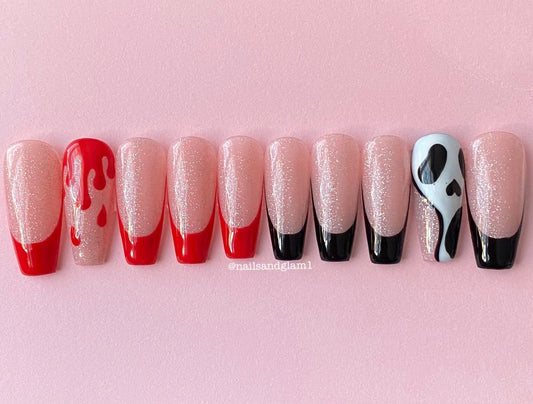 Black & Red Halloween French Tips | Press on Nails UK | Stick on Nails | Reusable | Customised | Handmade | Set of 10