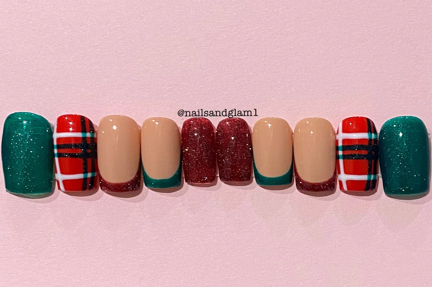 Red & Green French Tips with Tartan | Press on Nails UK | Stick on Nails | Reusable | Customised | Handmade | Set of 10